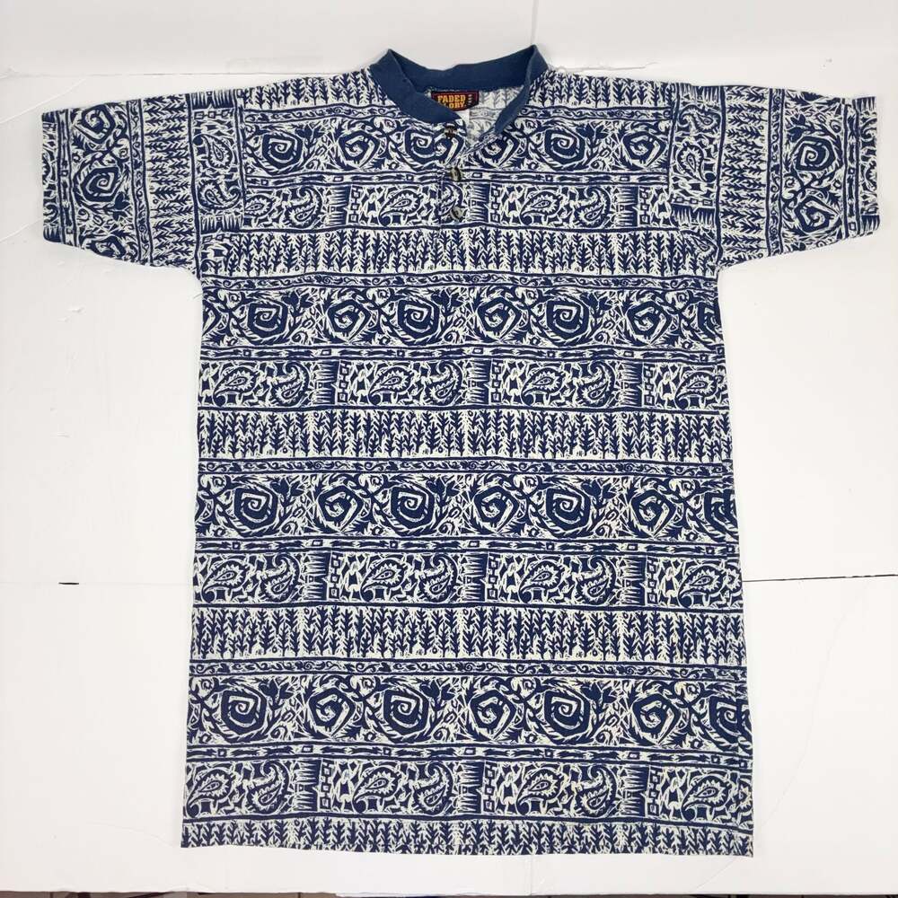 Vintage Faded Glory Men's Short Sleeve Polo Shirt Blue White Tribal Geometric S
